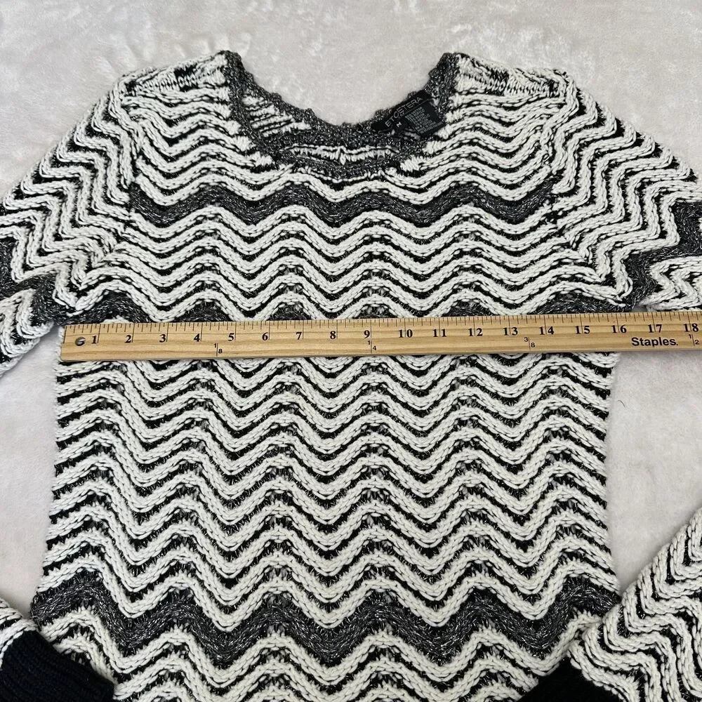 Etcetera Women's Black White Chevron Knit Cotton Blend Long Sleeve Sweater Sz M